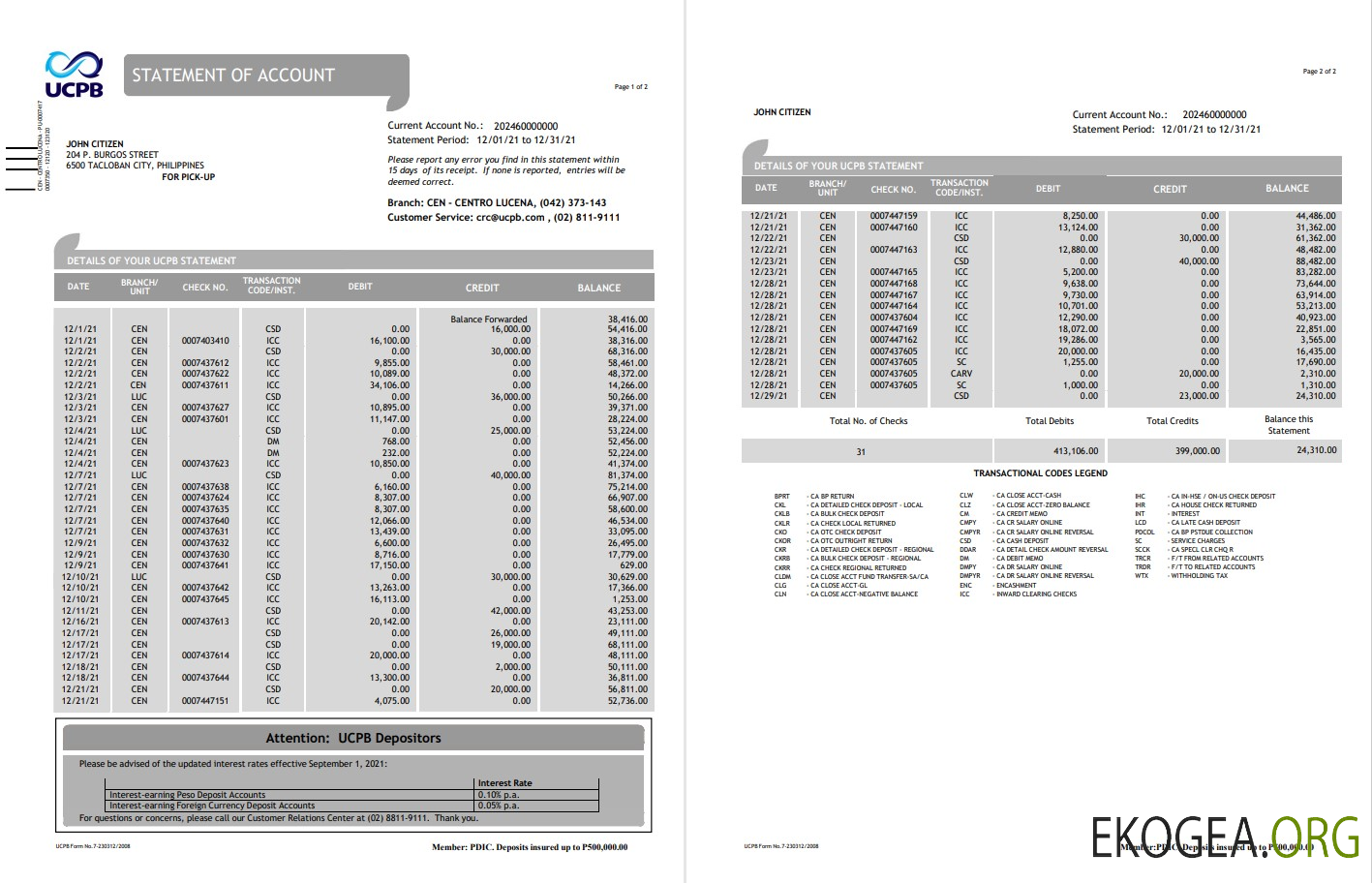 Modèle de relevé de compte bancaire UCPB des Philippines au format Word et PDF
